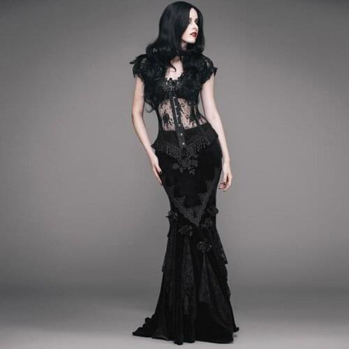 EVA LADY Womens Gothic Vintage Black Long Skirt Gorgeous Skinny Embroidery High Waist Dinner Masquerade Skirts