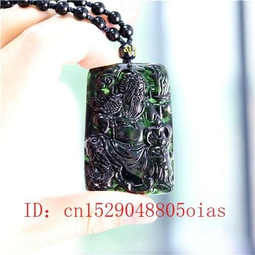 Chinese Natural Black Green Jade Warrior Pendant Beads Necklace Charm Jewelry Obsidian Accessories Carved Amulet Gifts for Men