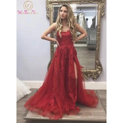 Lace Appliques Prom Dress 2020 Burgundy Tulle Long Split vestido elegante Spaghetti Strap A Line Evening Formal Gown customsize