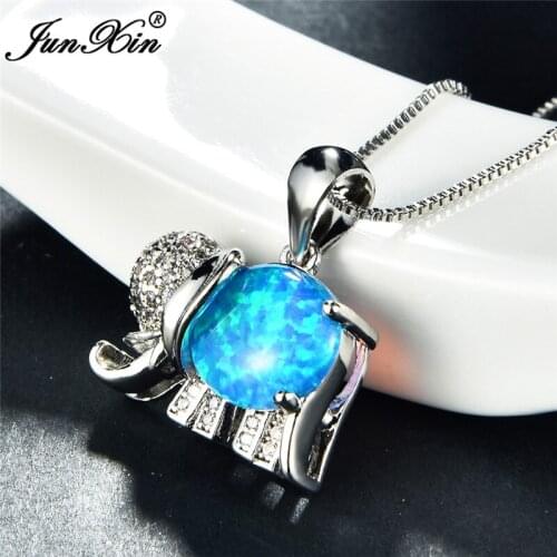 Cute Boho Lucky Elephant Pendants Silver Color Animal Choker White Blue Fire Opal Necklaces For Women