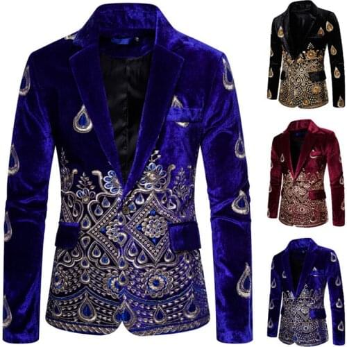 Mens Embroidery Printed Velvet Suit Jacket Lapel Collar Party Prom Blazers Coat One Button