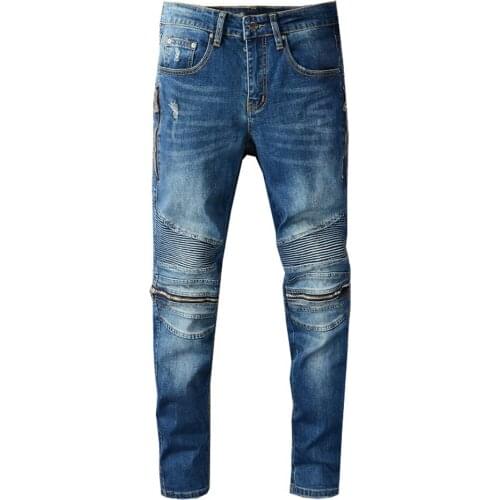 Mens Blue Bikers Jeans Streetwear Zipper Pleated Stretch Denim Pants Slim Skinny Trousers High Quality