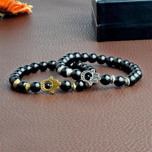 Natural Stone Fatima Hamsa Hand Men Bracelet Black Matte Lava Chakra Energy Summer Jewelry