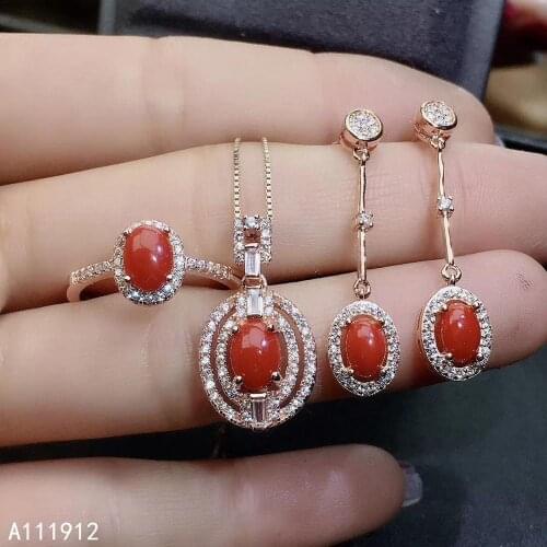 KJJEAXCMY fine jewelry natural red coral 925 sterling silver women pendant necklace earrings ring set support test noble