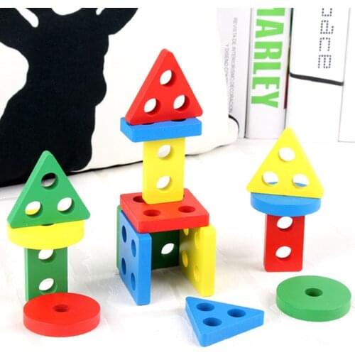 New Wood Educational Preschool Toddler Toy For 1 2 3 4-5 Year Old Boys Girls Shape Recognition Geometric Blocks Stack Sort #50