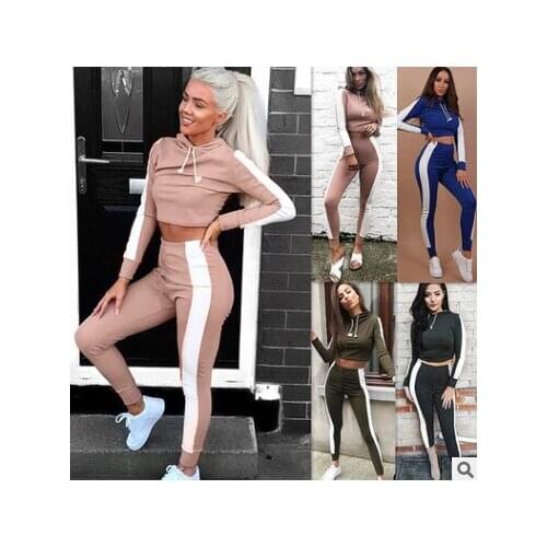 2021 Autumn and Winter New Womens Pullover Hooded Long Sleeve Color Matching Leisure Sports Suit