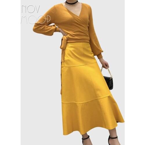 Novmoop genuine leather long patchwork women skirt ankel-lenth fashion sweet ins hot style luxurious sheepskin LT3435