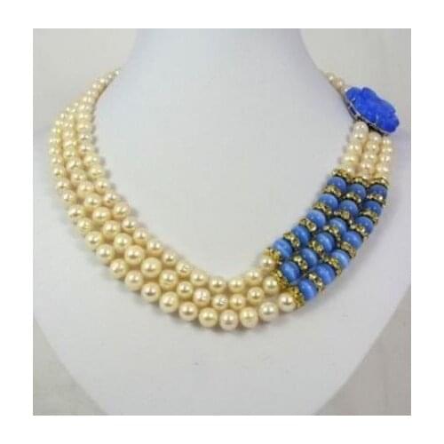 7-8MM Charming 3 row pearl opal necklace flower clasp AKOYA Free shipping