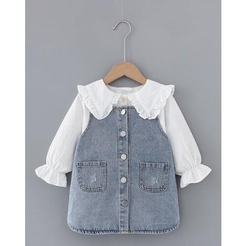 Girls Clothing Long Sleeve Shirt+Denim Dress Suspender Strap Suit Spring New Fashion Children Two-Piece Set Girl Clothes Baby