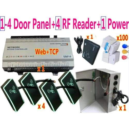 1 pcs of 4 Door Access Controller Panel Board+4 pcs RFID EM Door Access Reader+1 pcs UPS Power Supply Box+1 Card Issuer+Card tag