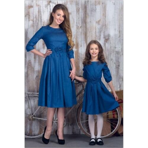 Mother Daughter Dresses Half Sleeve Family Matching ClothesMother Kids Mom And Daughter Dress Red Blue Solid Color Family Look