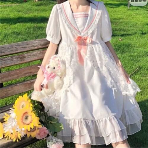 HOUZHOU Japanese Lolita Style Dress Woman White Kawaii Cute Sweet Bow Puff Sleeve Fairy Dresses Mesh Muslin Ruffle Sundress