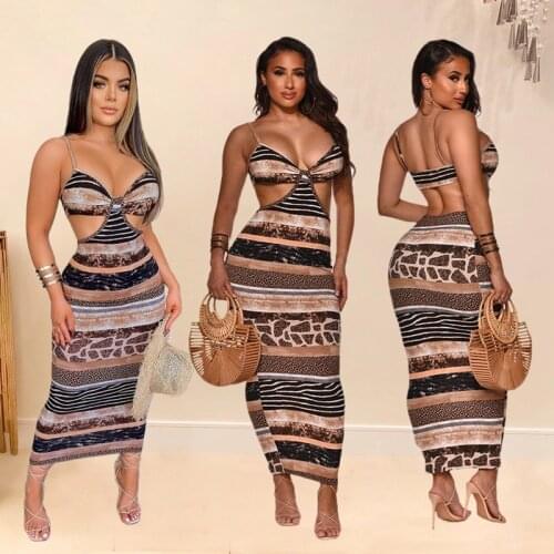 ZKYZWX Leopard Print Hollow Out Dress Off Shoulder Long Summer Dress for Women Clubwear Vacation Outfits Sexy Party Maxi Dresses