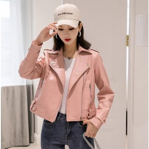 Korean Plus size Slim Short PU Faux Leather Outerwear Women Lapel Long sleeve Casual Moto Biker Jacket Spring Autumn Streetwear
