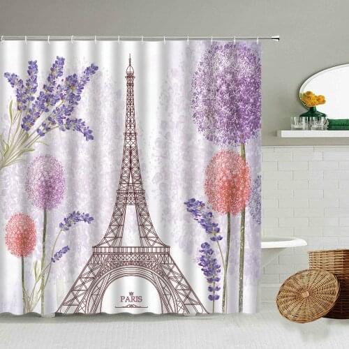 Romantic Paris Purple Lavender Flower Shower Curtain Building Tower Valentines Day Bathroom Wall Decoration Waterproof Screen
