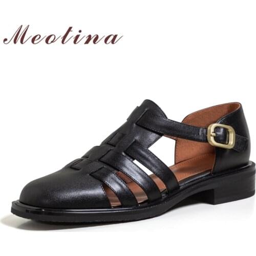 Meotina Gladiator Sandals Women Genuine Leather Shoes Low Heel Square Toe Ladies Sandals Rome Cow Leather Footwear Summer 40