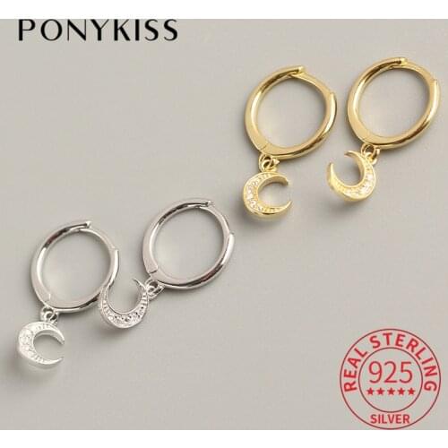 PONYKISS Real 925 Sterling Silver Zircon Moon Romantic Hoop Earrings Women Fashion Delicate Earrings Accessory Girl Chic Gift