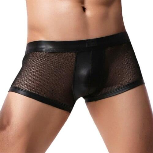 Men Sexy Boxer Shorts Mesh PU Leather Patchwork Gay Panties Breathable U-convex Pouch Male Boxershorts Underwear Black Trunks