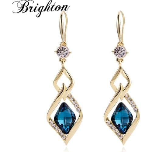 Brighton Unique Big Blue Zircon Drop Dangle Earrings For Women Statement Party Crystal Geometric Brincos Trendy Fashion Jewelry