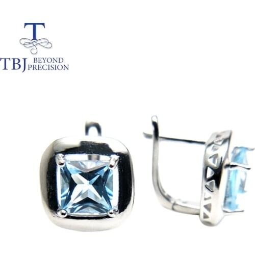 TBJ ,Square 7mm 4ct natural Brazil Blue topaz Clasp earring 925 sterling silver fine jewelry for women gemstone jewelry