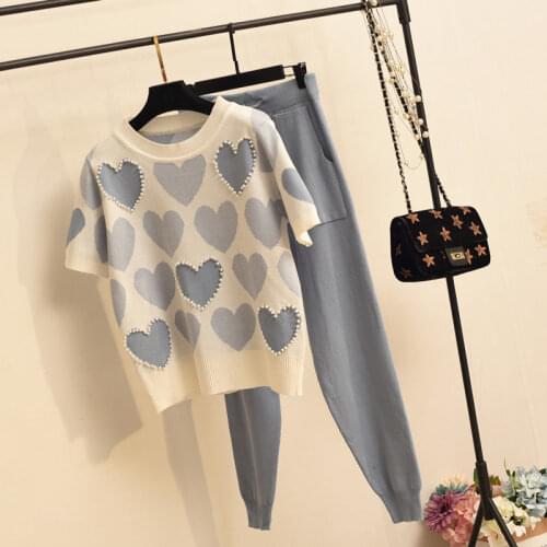 2021 New 2 Piece Sets Women Knited Tracksuits Embroidery Heart O neck Short Sleeve Female T shirt+knited Harem Pencil Pants Lady