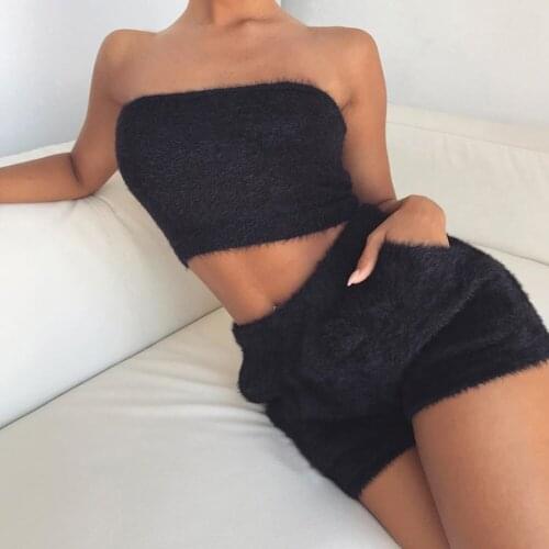 Women 2 Piece Fall Winter Warm Clothes Set Casual Pink Black Bodycon Two Piece Wrap Chest Crop Top and Shorts Bandage Party Set