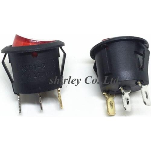 100PCS KCD1-2 23mm red LED Round Button SPST 3PIN Snap-in ON/OFF Position Snap Boat Rocker switch with light 6A 10A Copper