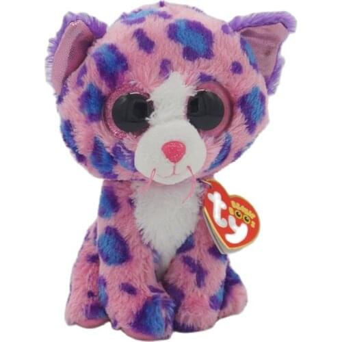 15 CM Ty Beanie Boos Big Eyes Pink Cat with Purple Patches Soft Stuffed Plush Toy Cute Animal Doll Birthday Gift for Boys Girls