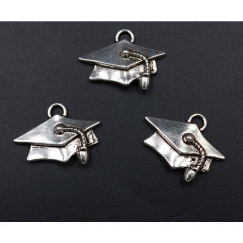 WKOUD 8pcs Silver Plated Metal Graduation Hat Charm Necklace Bracelet Alloy Pendant Handmade Graduation Jewelry Accessories