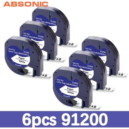 Absonic 4PK 12mm Labels Tape fit DYMO LetraTag 91201 Black on White Plastic Ribbon for LT Label Machine Plus LT100H LT100T QX50