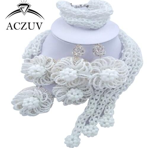 ACZUV Latest White African Jewelry Set Dubai Nigerian Wedding Beads Jewellery Sets C3F012