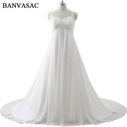 BANVASAC 2017 New A Line Elegant Crystals Sweetheart Wedding Dresses Sleeveless Beadings Chiffon Sweep Train Bridal Gowns