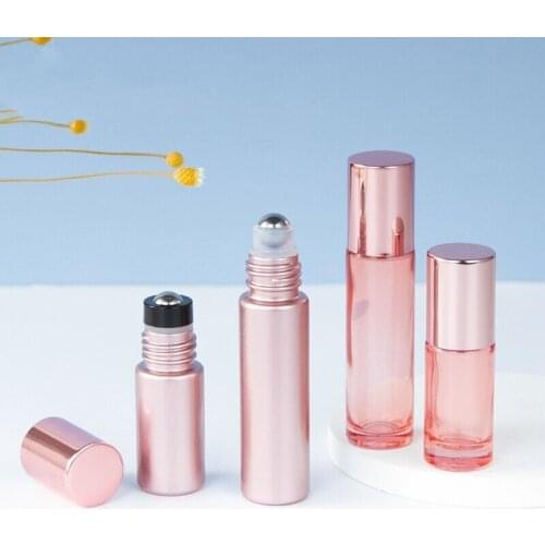 15pcs 5ml 10ml Clear Rose Gold Pink Glass Roller Bottle Empty Perfume Essential Oil Test Bottle Roll-On Thick Glass Vial