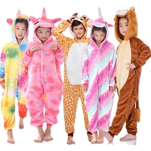Flannel Boys Pajamas Girls Pijama Unicornio Kids Winter Warm Unicornios Jumpsuits Kids Clothing For Winter Cosplay
