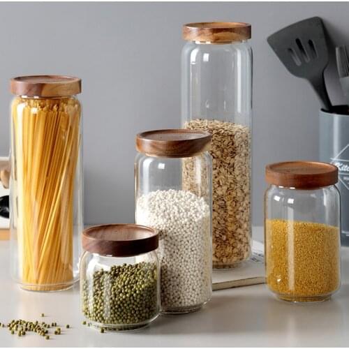 Wood Lid Glass Kitchen Storage Bottles Jars Food Container Grains Tea Coffee Beans Grains Candy Jar Containers Airtight Canister