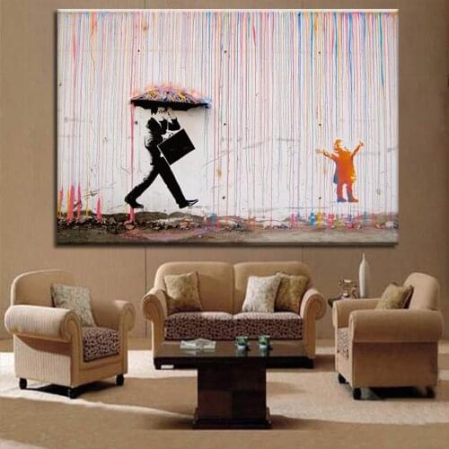 Banksy Art Graffiti Colorful Rain Prints on Canvas Modern Canvas Painting Wall Art Posters and Prints For Living Room Decoration