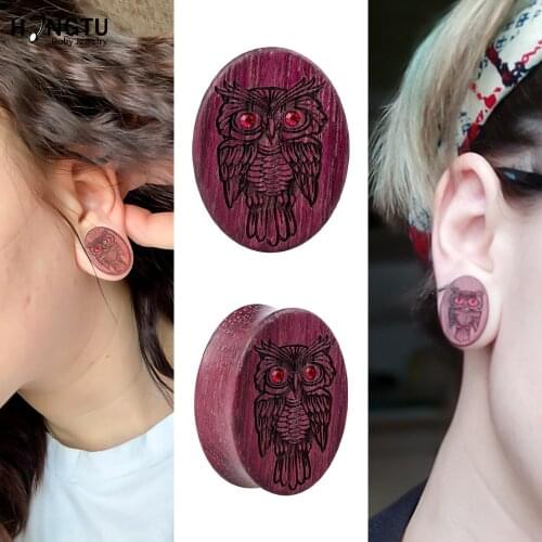 HONGTU 1PAIR Oval Owl Rose Wood Ear Plugs Expander Gauges Earring Punk Wooden Plugs and Tunnels Ear Gauges Body Piercing Jewelry