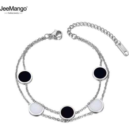 JeeMango Fashion Double Layer Stainless Steel White & Black Acrylic Charm Bracelets For Women Bohemia Chain Bracelet JB20031