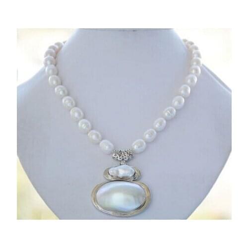Jewelr 004352 12mm NATURE WHITE RICE freshwater pearl NECKLACE MABE PENDANT 17inch