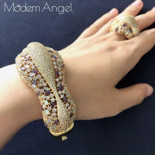 ModemAngel 2019 Hot Charms Multicolor Full Mirco Pink Cubic Zirconia Bridal Bangle Ring Sets aretes de mujer modernos 2019