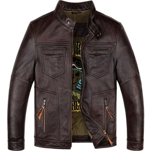 2021 Youth Mens Motorcycle Leather Jacket Casual Stand Collar Genuine Leather Jacket Retro Distressed Slim Leather Jacket