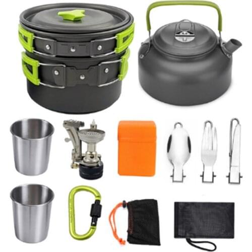Outdoor Camping Cookware Set Portable Marching Utensils Tableware Cooking Stove Kit Picnic Cookware Gas Stove Boiler Head Teapot