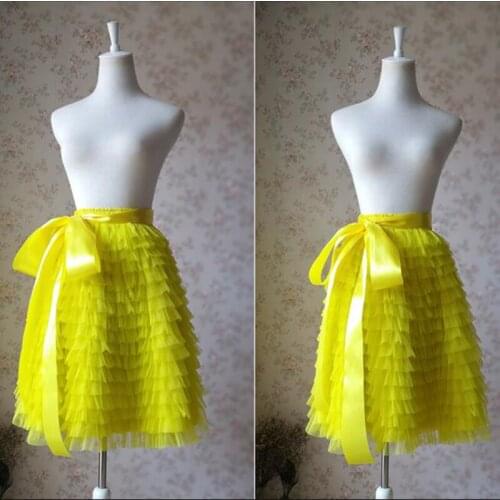 Neon Yellow Skirt Midi Tiered Layered jupe femme faldas Long Women Tulle Skirts Party Female Tulle Skirt With Sash