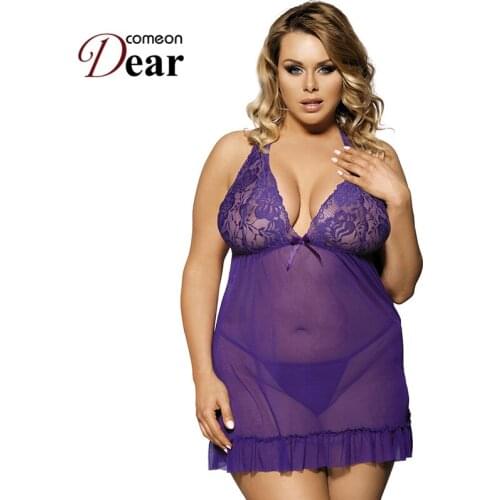 Comeondear Nightdress Female Sexy Women Lingerie Plus Size Erotic Lace Patchwork Halter Female Babydoll Dress G String RA70098