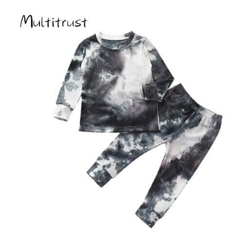 Autumn Toddler Baby Boys Ribbed Knitted Tie Dye Pajamas Sets Long Sleeve T-shirt+Pants Trousers Girls Clothing Sleepwear Pyjamas