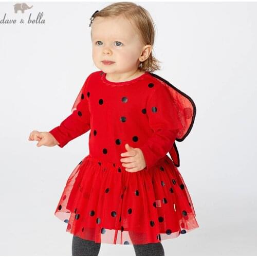 DB11733 dave bella autumn baby girls princess cute dots butterfly dress children fashion party dress kids infant lolita clothes