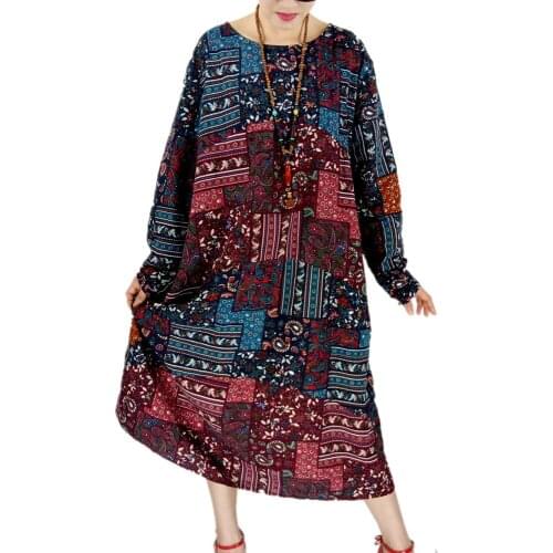 Spring Cotton and Linen Vintage Print Women Casual Dress Long Sleeve Knee-Length Pocket Elegant Loose Female Casual Dresses