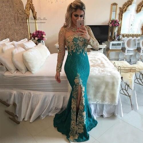 Sexy Formal Green Gold Lace Evening Dresses Long Sleeve Mermaid Prom Dress Beaded Special Occasion Gown Vestido de Festa Abiye