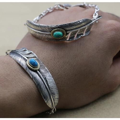 Takahashi Goro Ohlang Retro Thai Silver Fashion Ethnic Couple Jewelry S925 Sterling Silver Handmade Turquoise Feather Bracelet