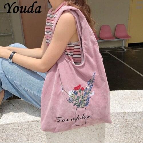 Youda Women Corduroy Shopping Bag Female Canvas Cloth Shoulder Bags Storage Flowers Handbag Reusable Foldable Eco Grocery Totes